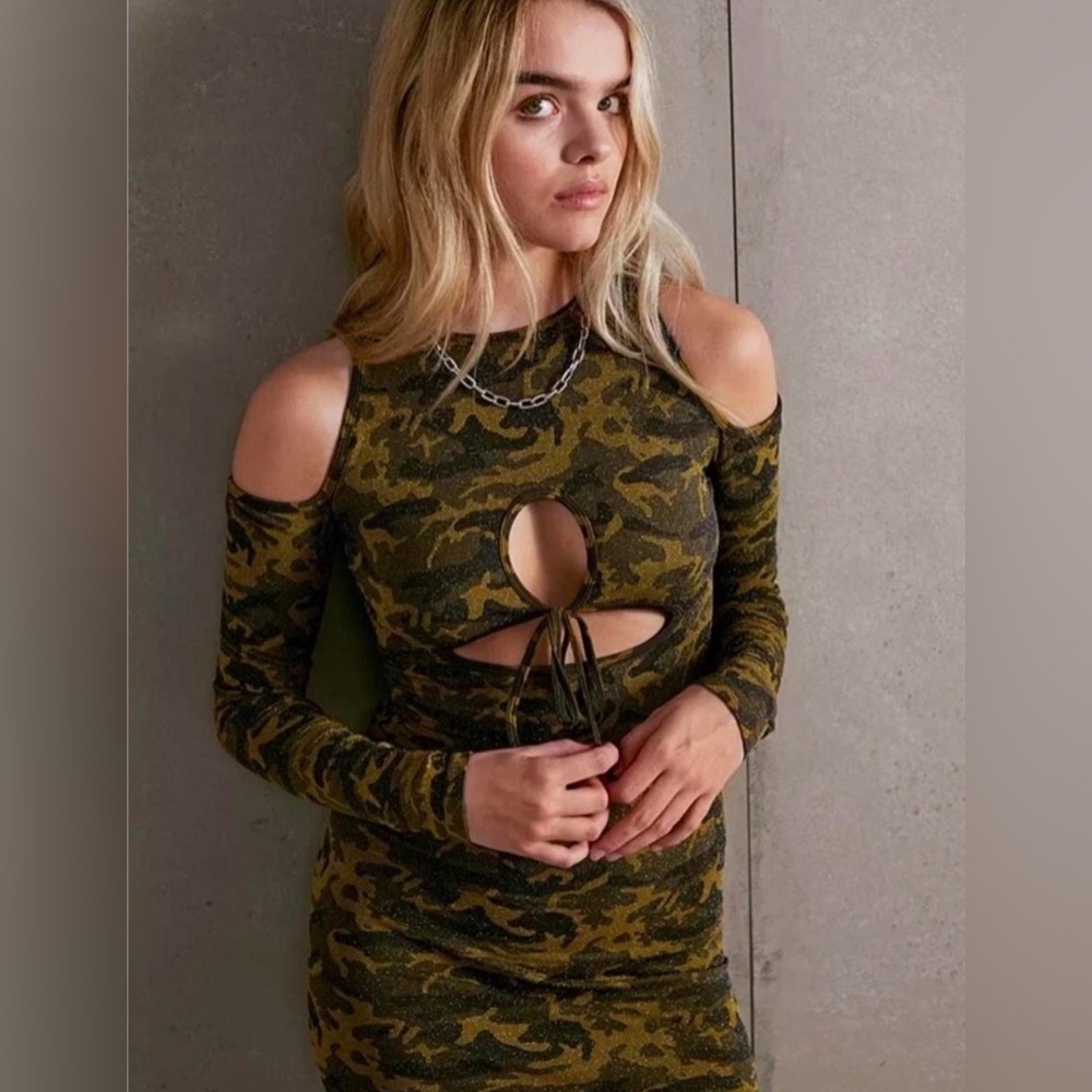Urban Outfitters Green Camo Asymmetrical Cold-Shoulder Cutout Dress